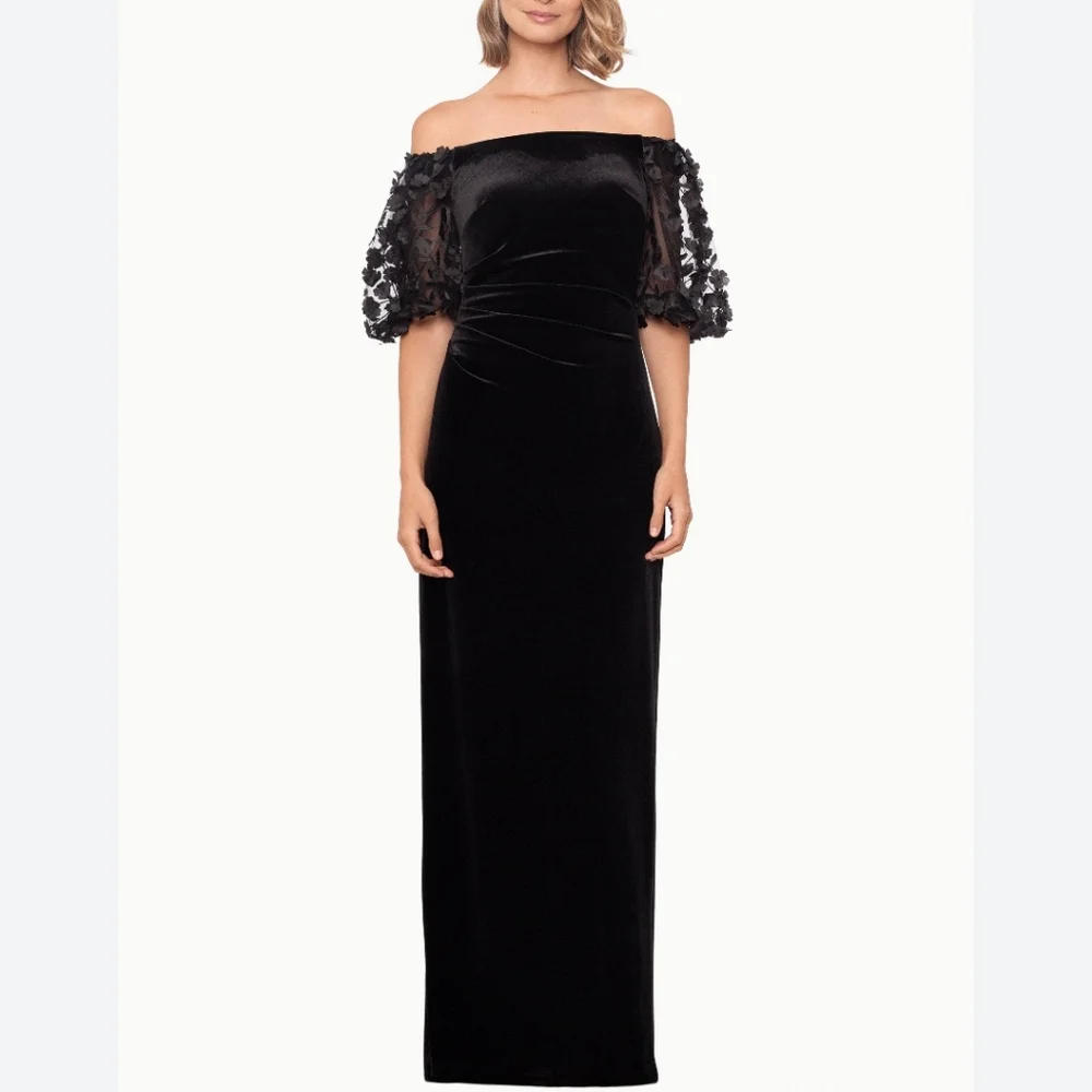 Xscape Womens Black‎ Velvet Floral Puff Sleeve Evening Gown SIZE 6
